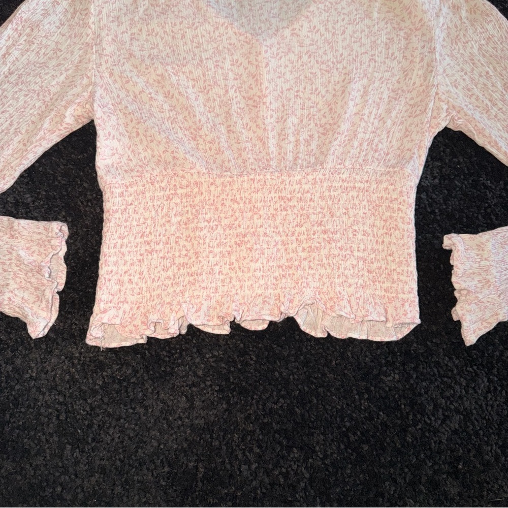 Paper Crane Pink Smocked Crop Top V-Neck Long Sleeve Peplum - Size S - Picture 5 of 8